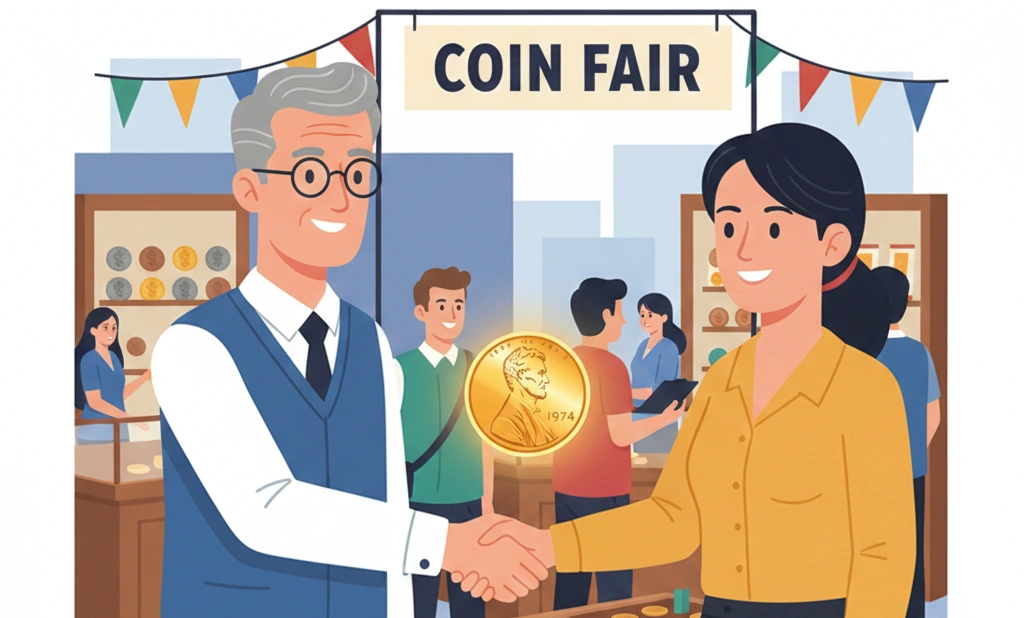Coin dealer shaking hands with a seller over a 1974 penny at a fair booth