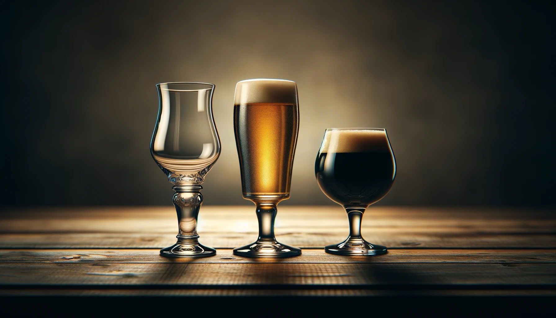 A collection of three different beer glasses displayed on a wooden surface