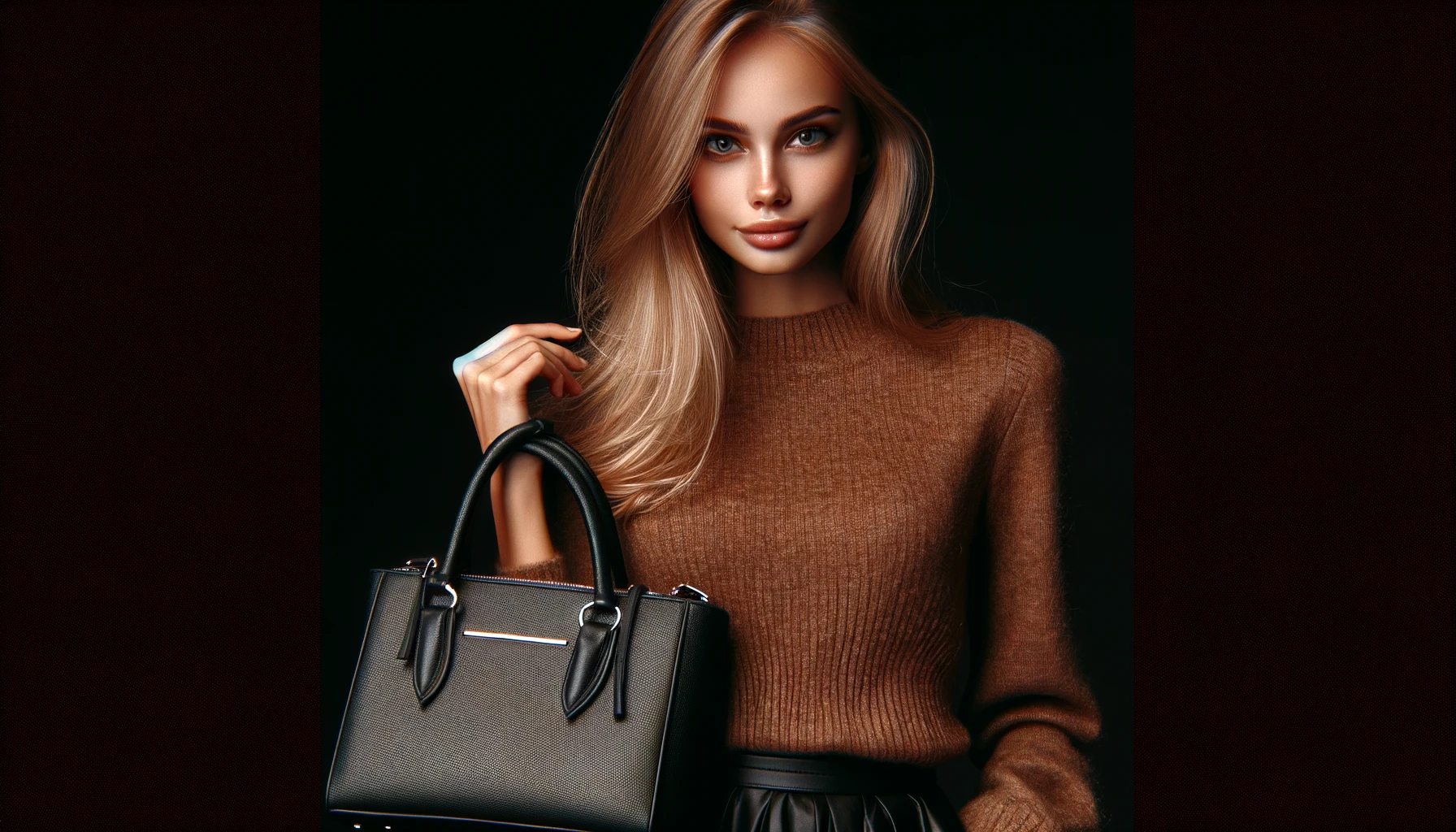 young woman with long blond hair, wearing a brown sweater and skirt, holding a black purse