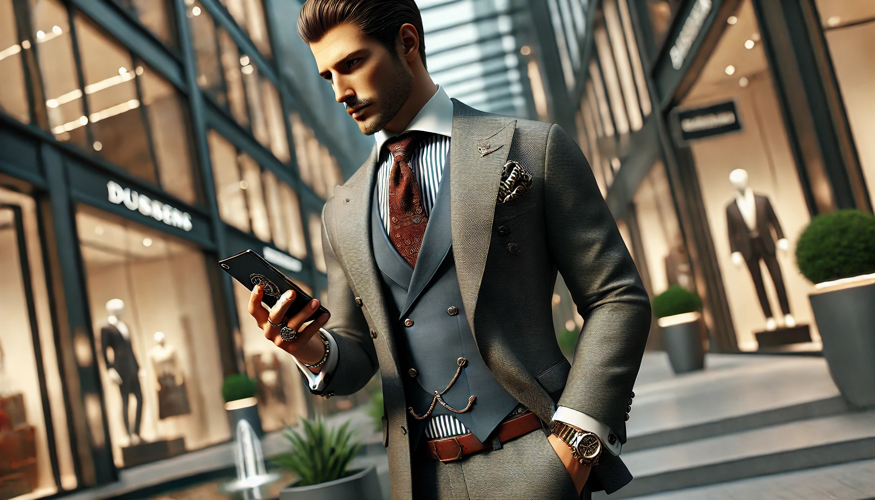 A well-dressed man in luxurious attire, standing in a modern urban setting while looking at his phone, with a focus on his sophisticated style and the upscale environment.