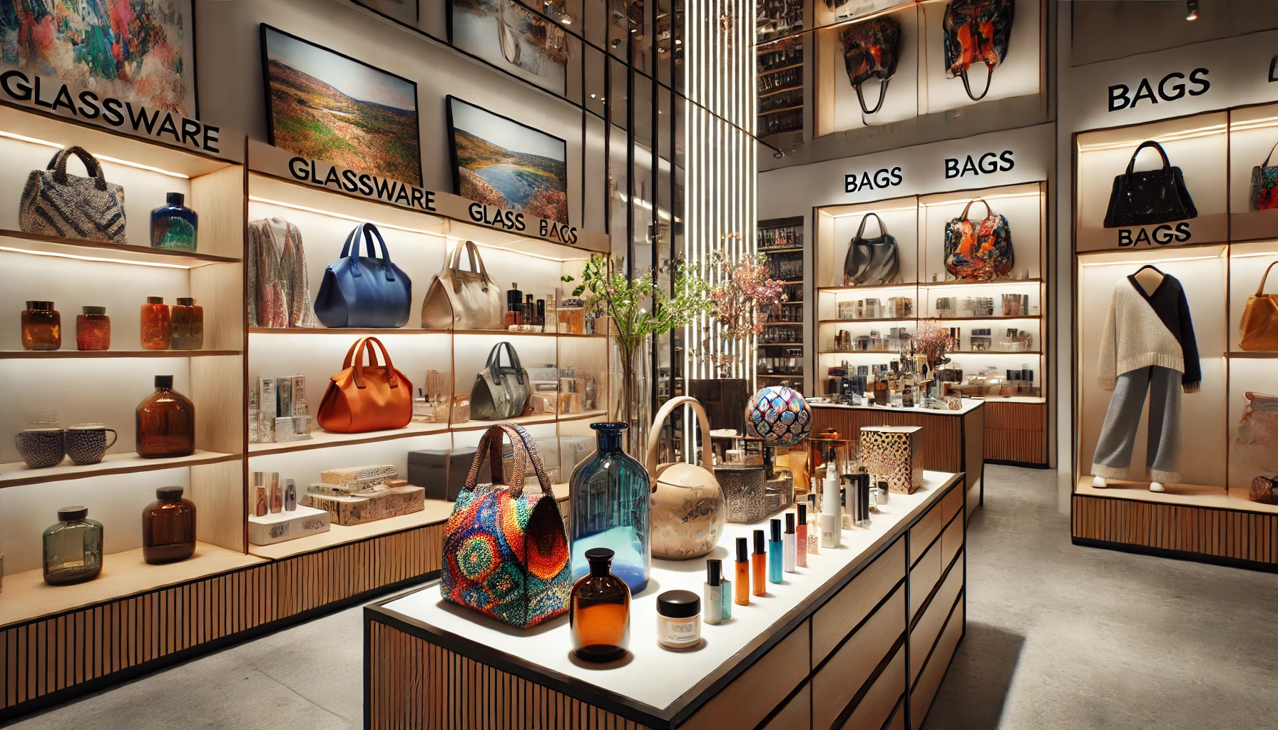 a retail store interior displaying the top trends in glassware, bags, and cosmetics.