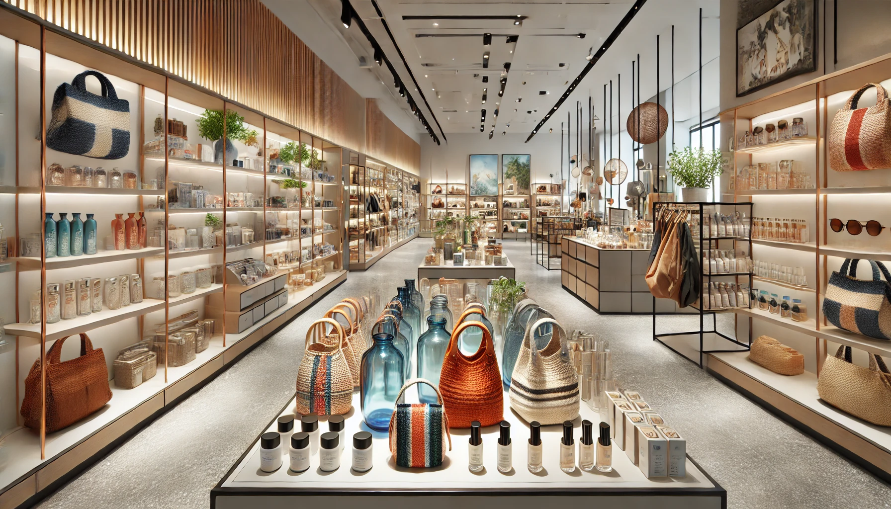 well-organized retail store showcasing trendy glassware, stylish bags, and high-quality cosmetics.