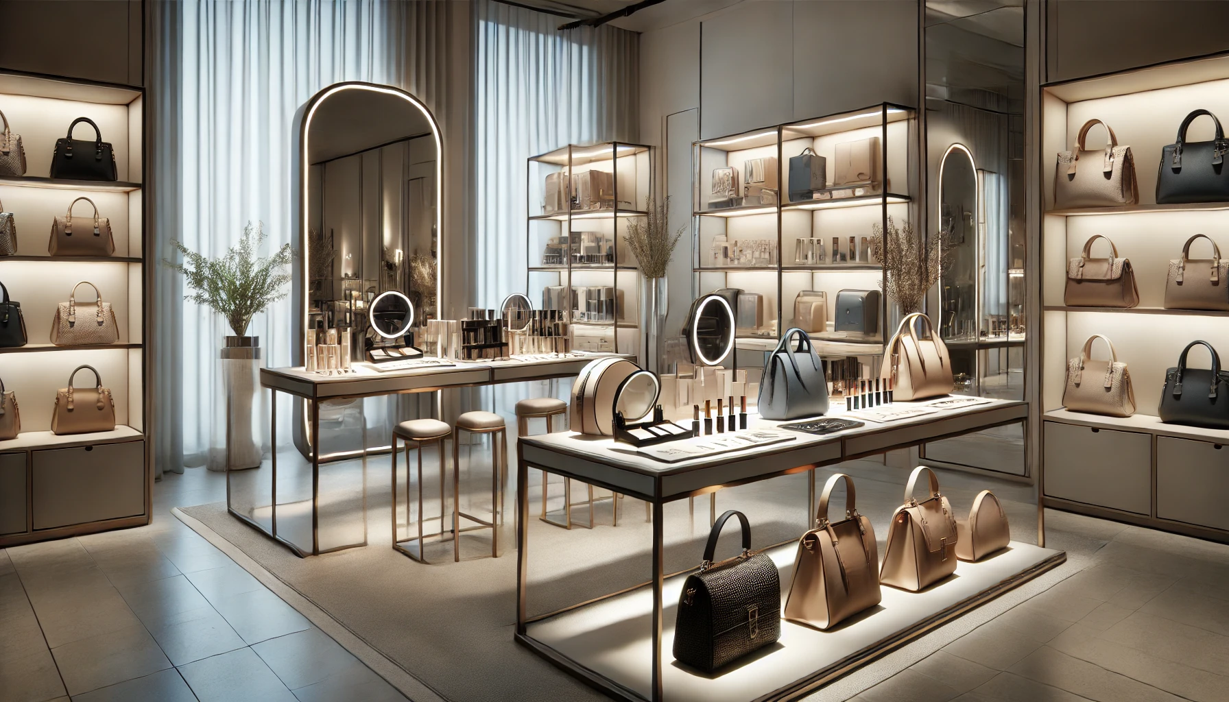 a retail display highlighting cosmetics, bags, and glassware. The cosmetics section includes luxury beauty products neatly arranged with tester stations and a large mirror with soft lighting.