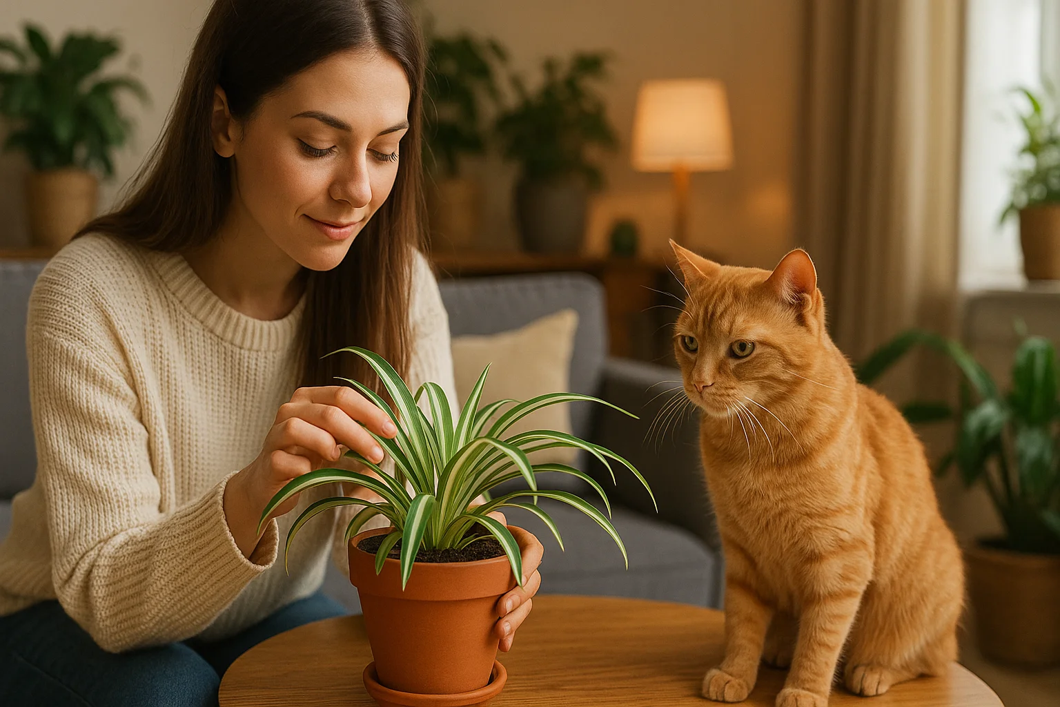 A woman gently places a calathea on a windowsill while her curious cat watches from the floor, showing how safe plants can brighten a pet-friendly home.