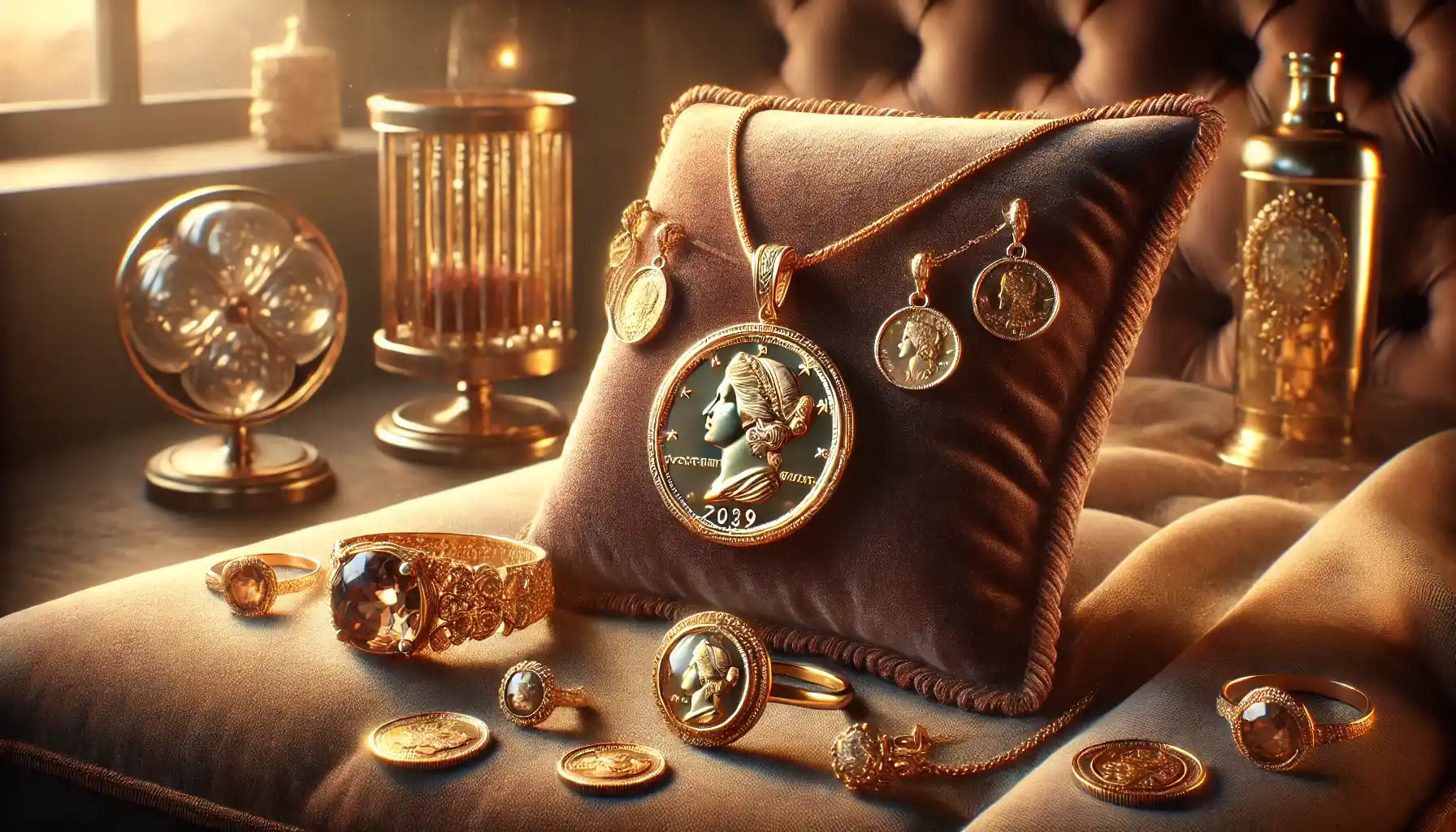 An elegant vintage coin jewelry collection, including a gold coin pendant hanging on a fine chain, a charm bracelet with small gold coins, and a glass cocktail ring, is displayed on a luxurious velvet cushion.