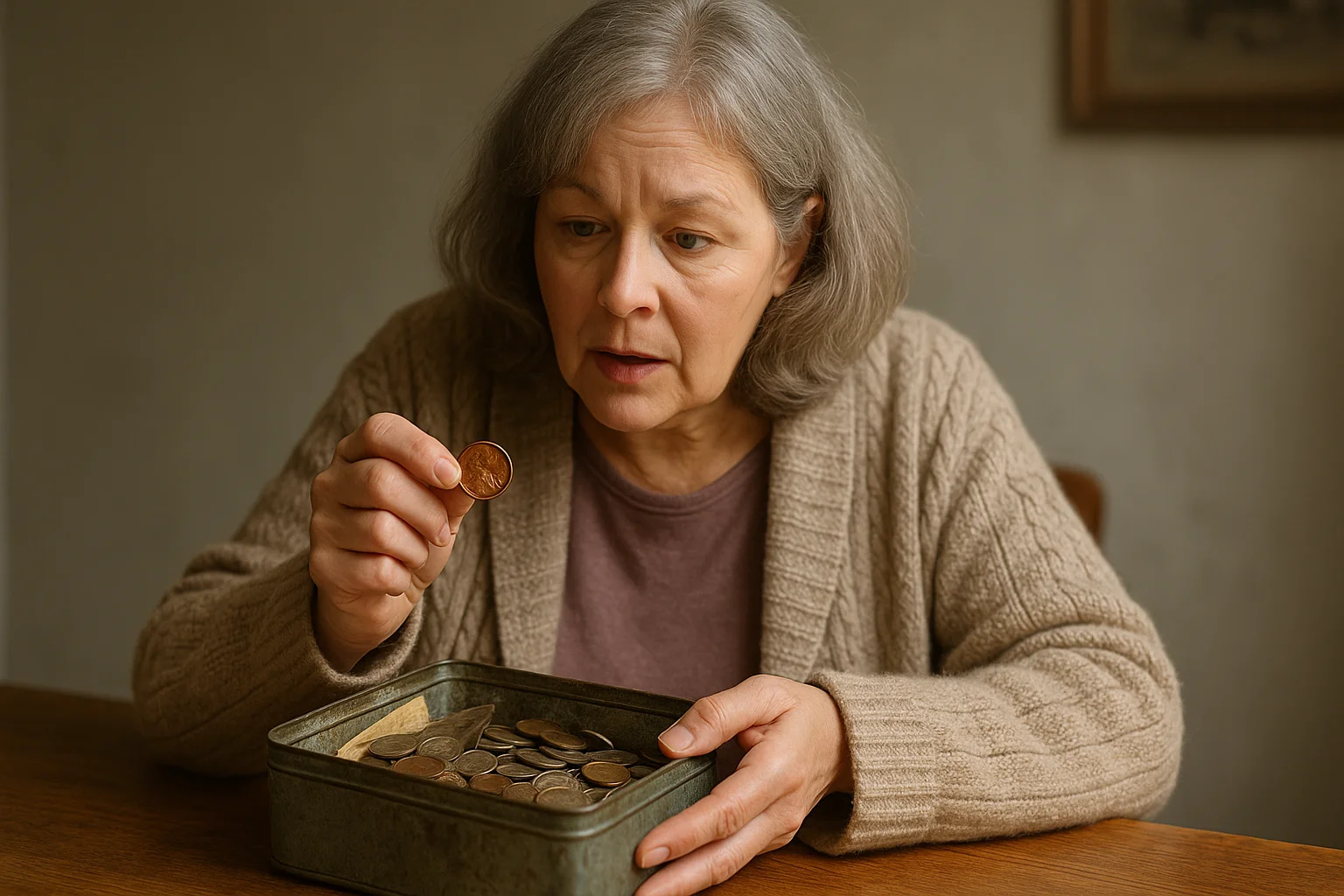 An elderly woman discovers a 1957-D Wheat Penny in an old tin box filled with loose change and heirlooms, her expression filled with curiosity.