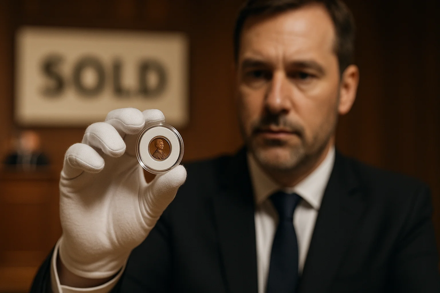 A professional auctioneer in white gloves holds up a 1957-D Wheat Penny in a capsule, with a bold 'SOLD' sign in the background.