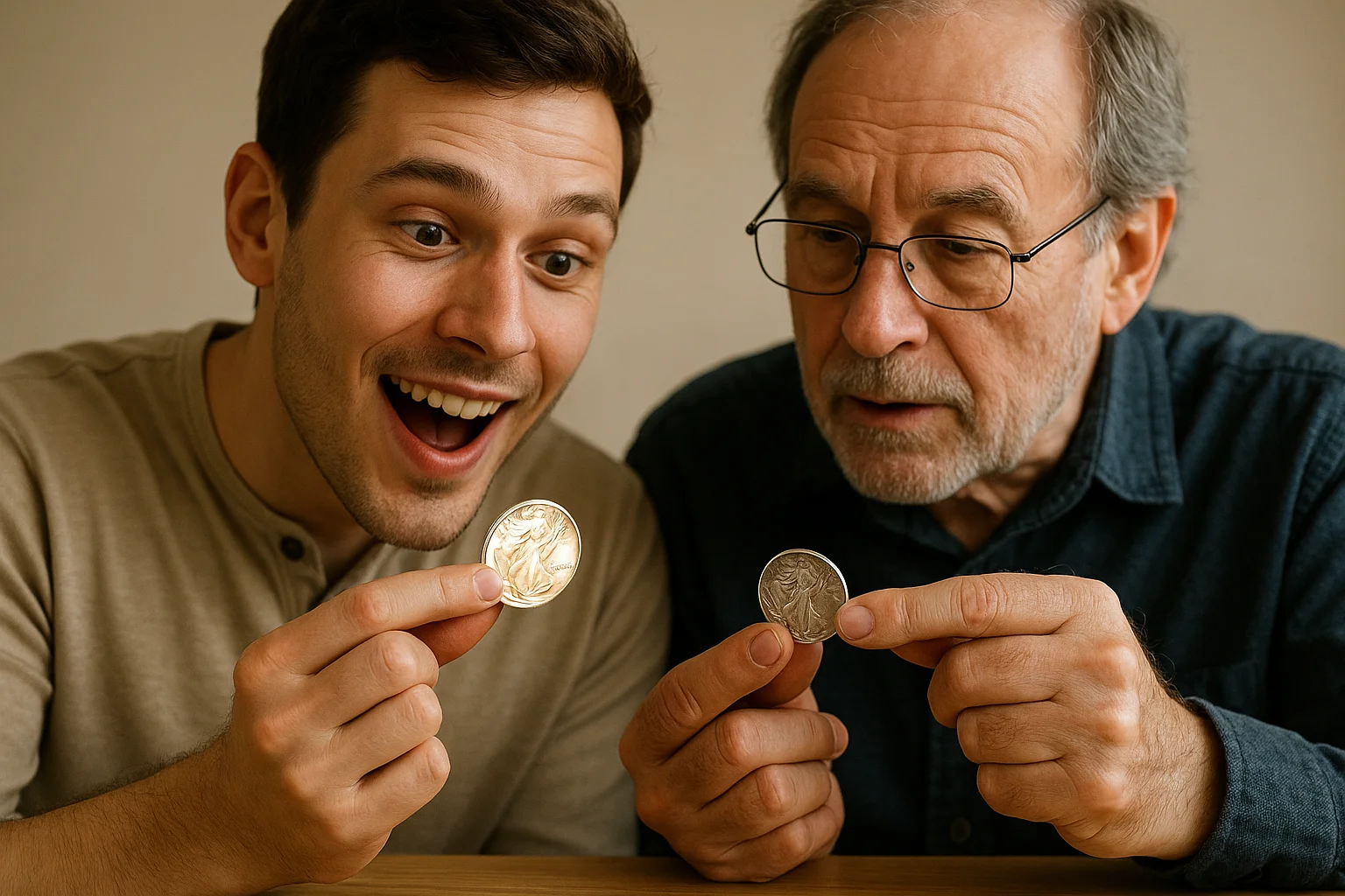  A younger collector enthusiastically admires a brightly polished coin, while an experienced numismatist demonstrates how a more subdued piece with natural luster is actually superior.