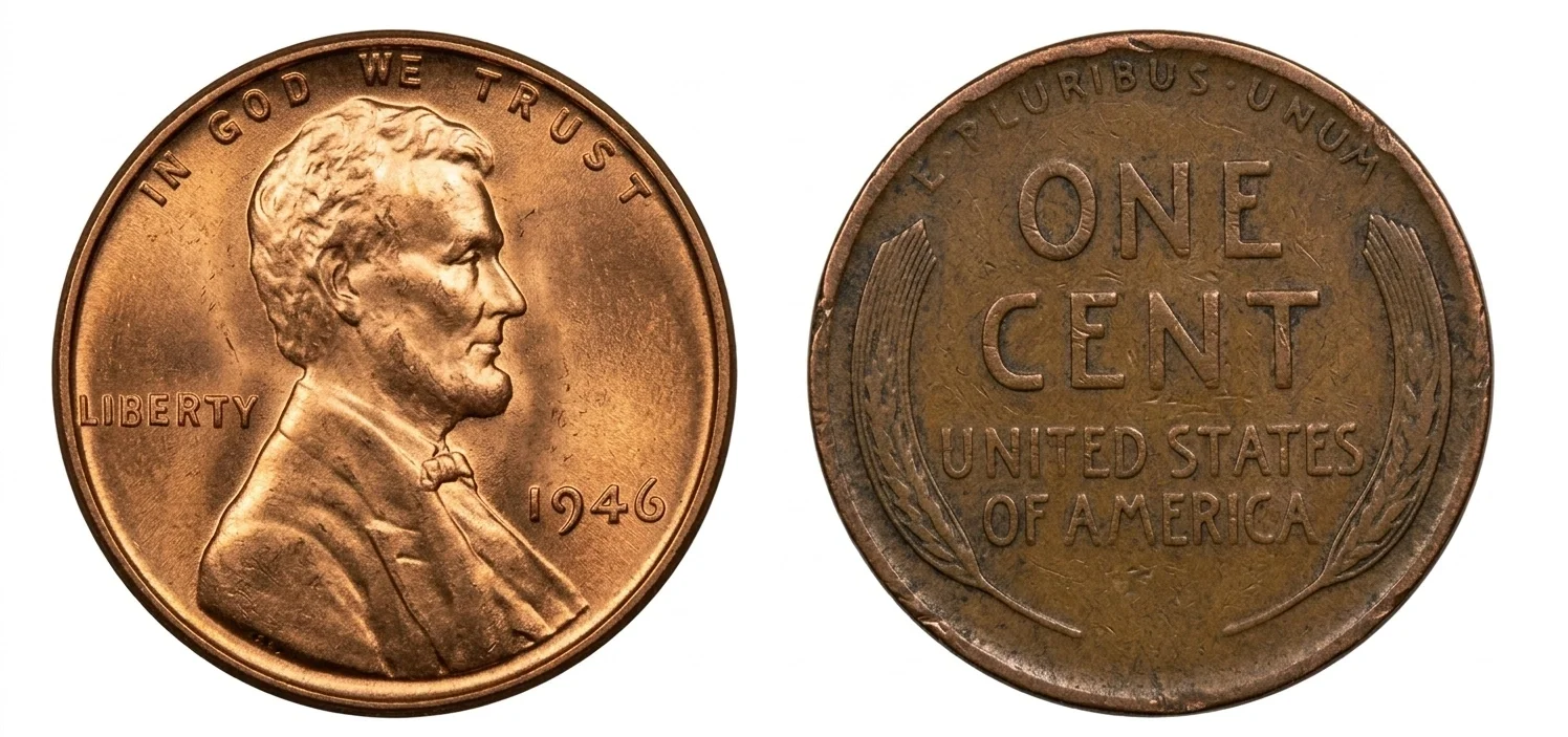 Two 1946 wheat pennies comparing mint condition vs circulated